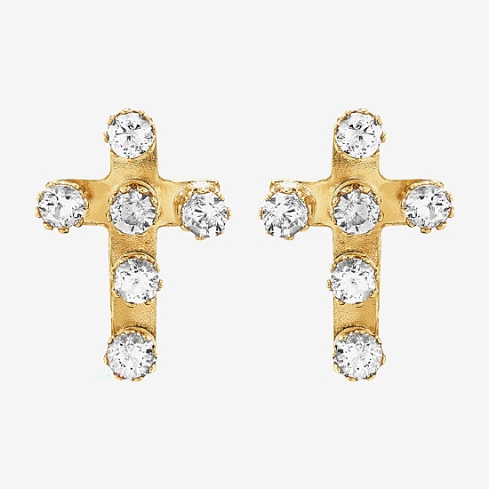 Limited Quantities! White Cubic Zirconia 10K Gold 9.4mm Cross Stud Earrings