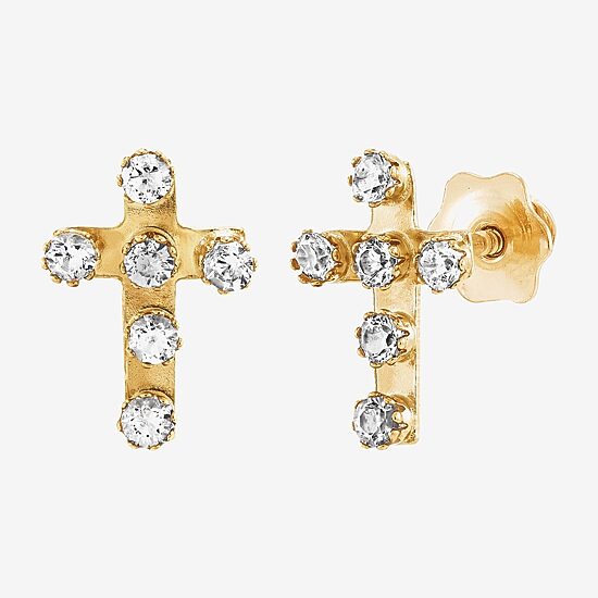 Limited Quantities! White Cubic Zirconia 10K Gold 9.4mm Cross Stud Earrings