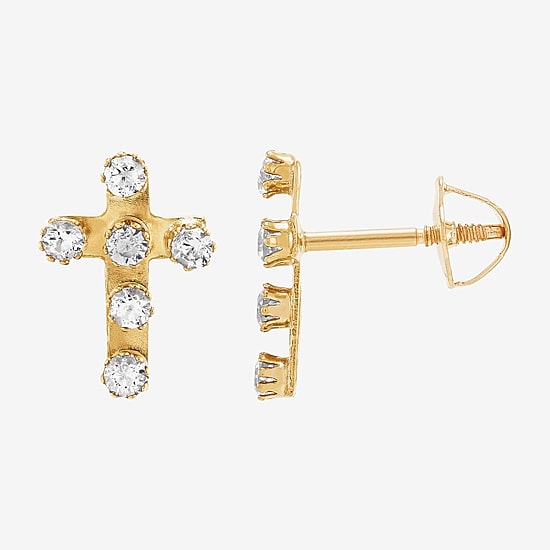 Limited Quantities! White Cubic Zirconia 10K Gold 9.4mm Cross Stud Earrings