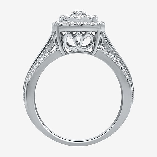 Womens 1 CT.T.W. Natural Diamond 10K Gold Cushion Side Stone Halo Engagement Ring