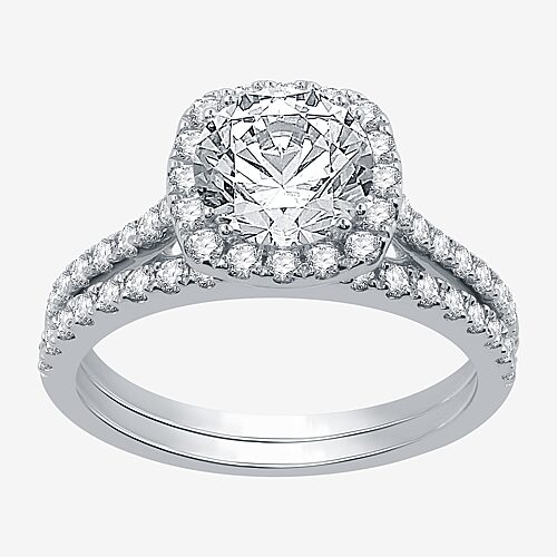 Signature By Modern Bride Womens 2 1/4 CT. T.W. Natural Diamond 14K Gold Cushion Side Stone Halo Bridal Set, 9, White