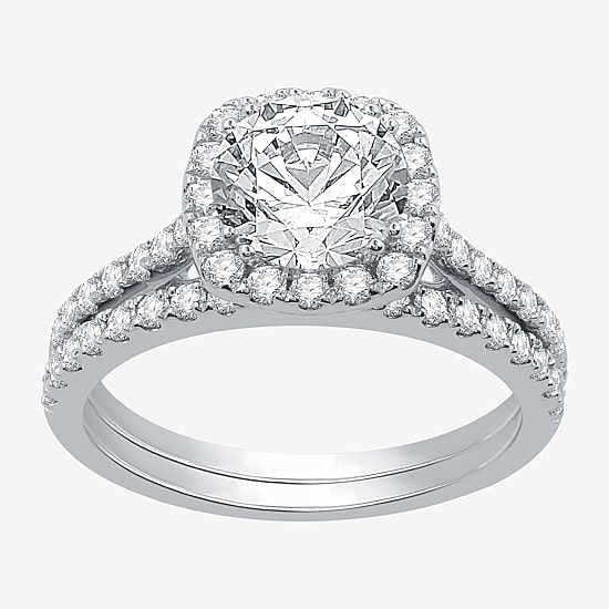 Signature By Modern Bride Womens 2 1/4 CT. T.W. Natural Diamond 14K Gold Cushion Side Stone Halo Bridal Set