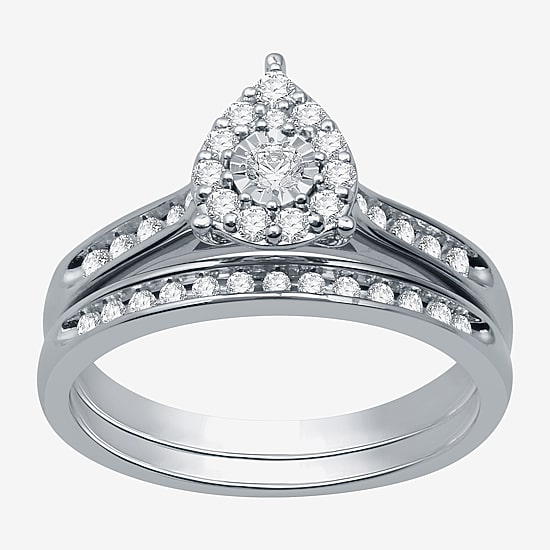 I Said Yes (H-I / I1) Womens 3/8 CT. T.W. Lab Grown White Diamond Sterling Silver Pear Side Stone Halo Bridal Set