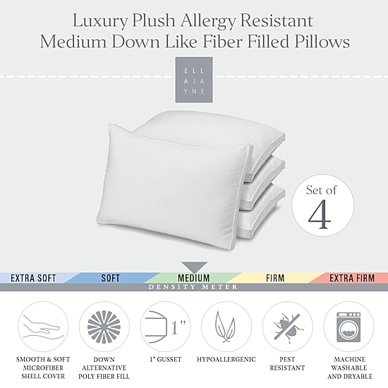 Ella Jayne Gussetted Medium Density Plush Down Alternative Pillow, for All Sleep Positions, Set of 4