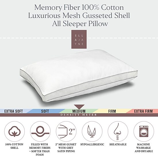 Ella Jayne Medium Density Memory Fiber filled Gussted sleeper pillow with 100% cotton mesh shell for All Sleep Positions