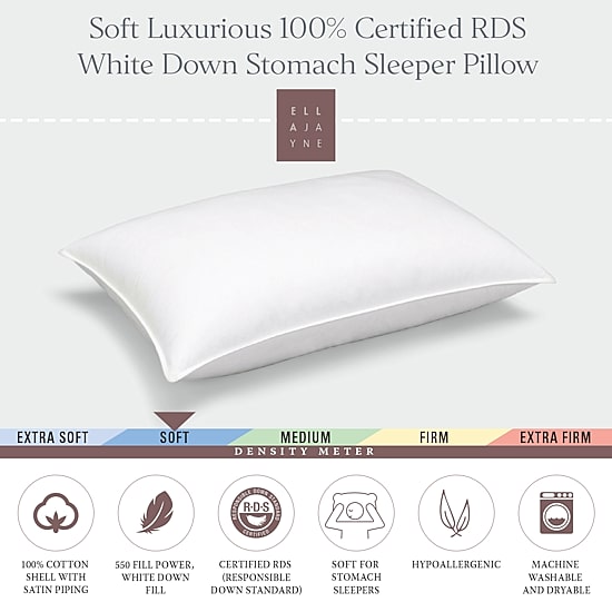Ella Jayne Soft 100% Certified RDS White Down Stomach Sleeper Pillow