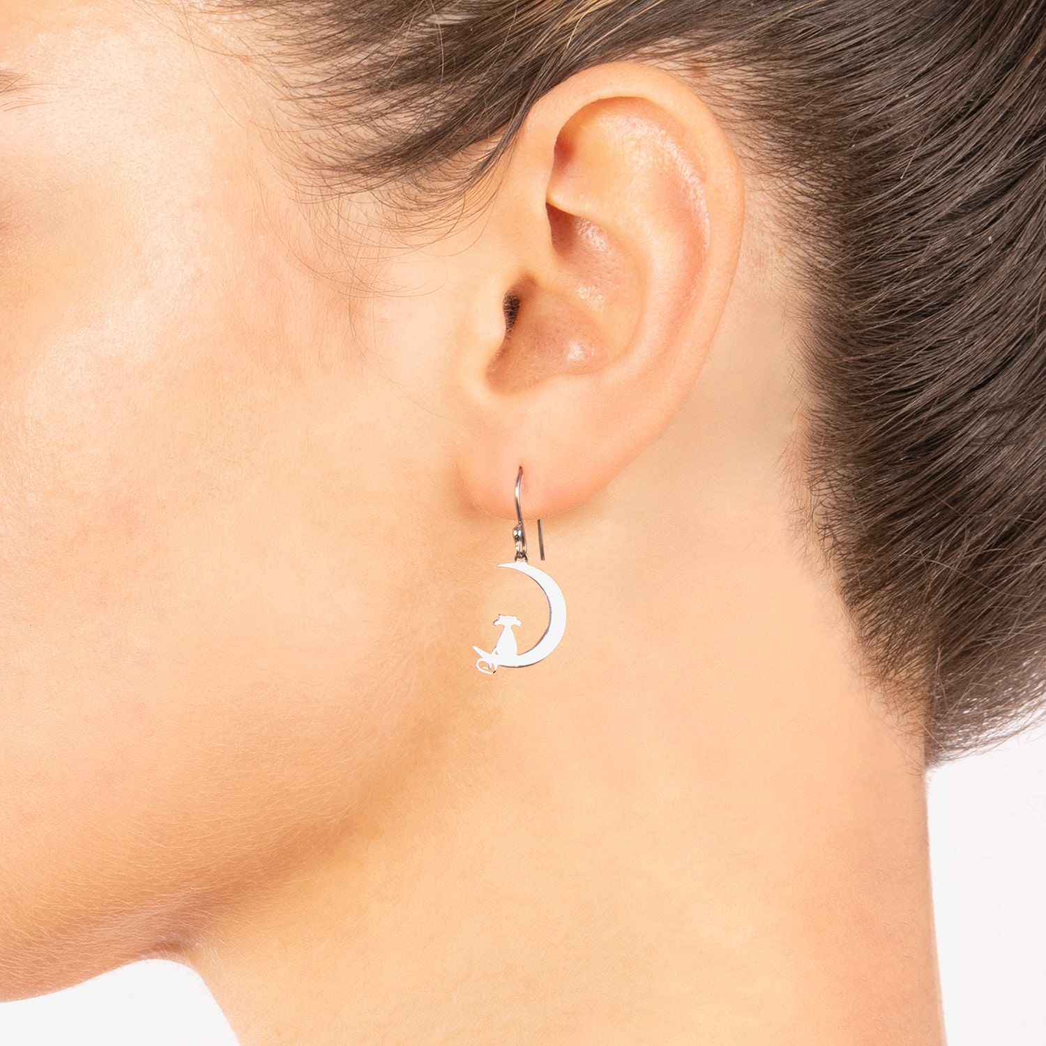 Silver Treasures Cat Womens Sterling Silver Moon Drop Earrings