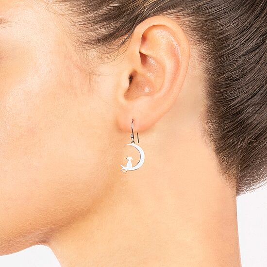 Silver Treasures Cat Womens Sterling Silver Moon Drop Earrings
