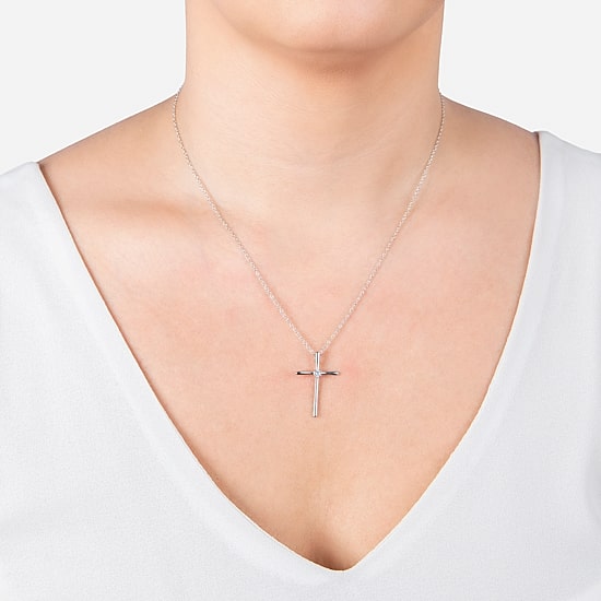 Silver Treasures Womens White Cubic Zirconia Sterling Silver Cross 18 Inch Pendant Necklace
