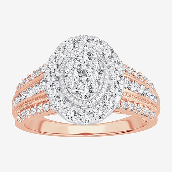 Womens 1 CT. T.W. Natural White Diamond 10K Gold Oval Halo Engagement Ring