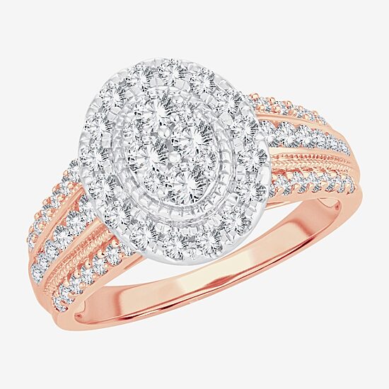 Womens 1 CT. T.W. Natural White Diamond 10K Gold Oval Halo Engagement Ring