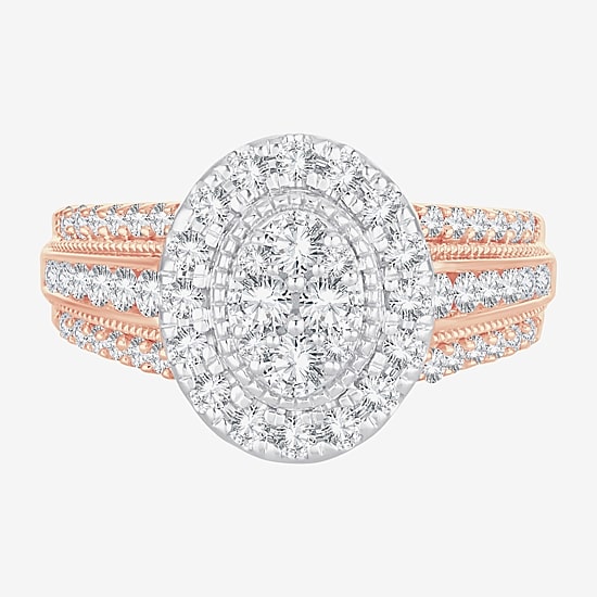 Womens 1 CT. T.W. Natural White Diamond 10K Gold Oval Halo Engagement Ring
