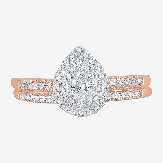 Womens 1/2 CT.T.W. Natural Diamond 10K or 14K Rose Gold Pear Halo Bridal Set