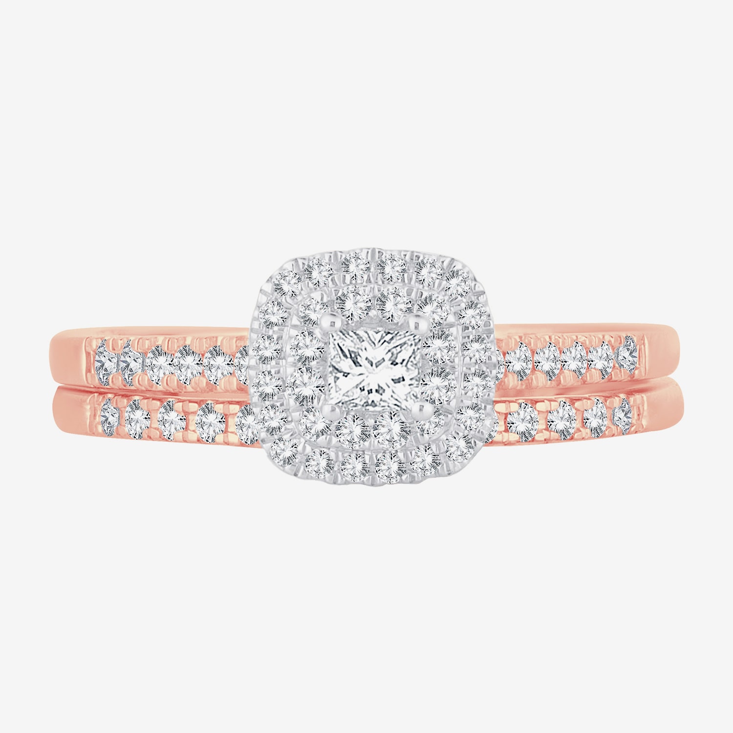 1/2 CT.T.W. Natural Diamond Cushion Shape Side Stone Halo Bridal Set 10K or 14K Gold