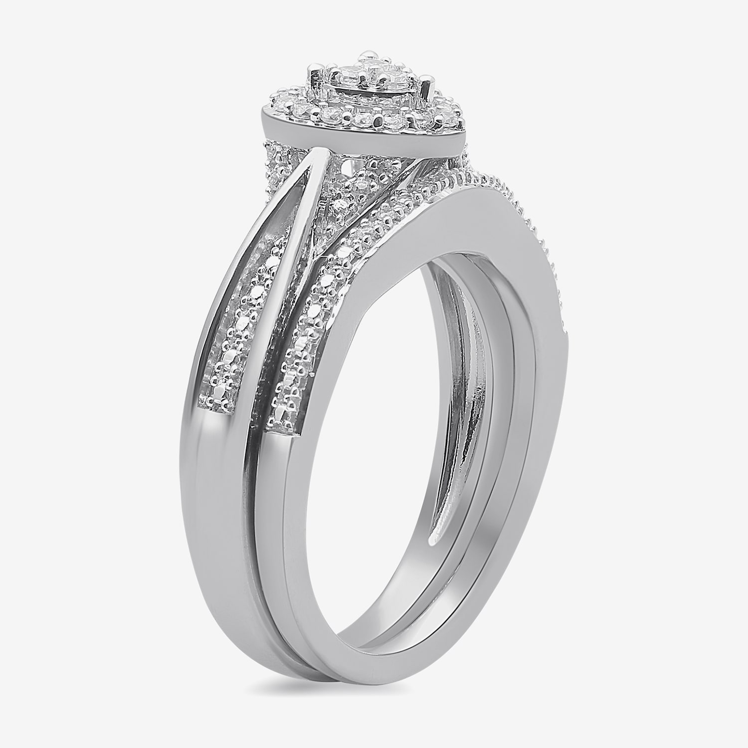 Surrounded by Love Womens 1/5 CT. Natural White Diamond Sterling Silver Heart Side Stone Halo Bridal Set