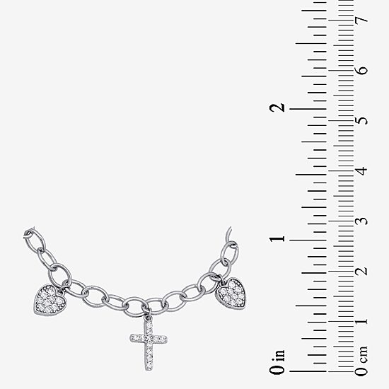 Diamonart Womens Cubic Zirconia Sterling Silver Cross Heart Charm Bracelet