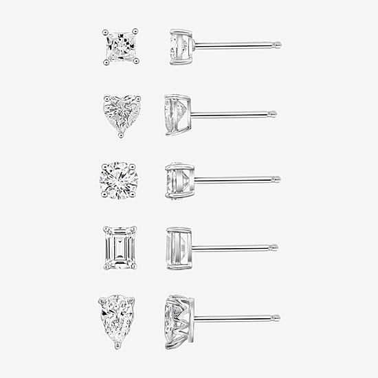 Diamonart Womens Cubic Zirconia Sterling Silver Heart Pear Round 5 Pair Earring Set