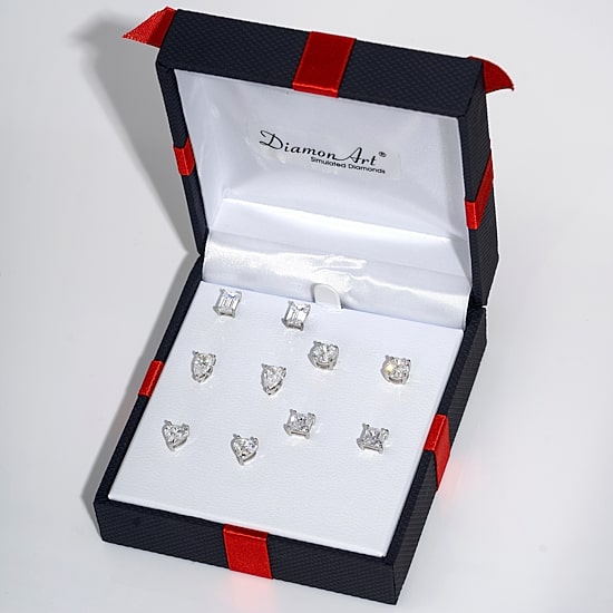 Diamonart Womens Cubic Zirconia Sterling Silver Heart Pear Round 5 Pair Earring Set