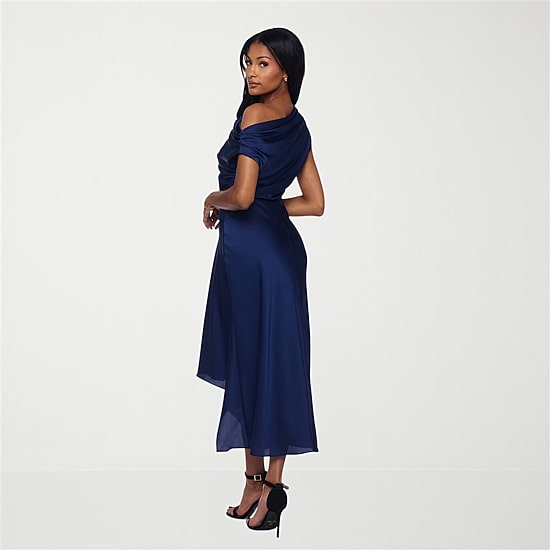 Premier Amour Womens Midi Straight Neck Sleeveless Off the Shoulder Fit + Flare Dress