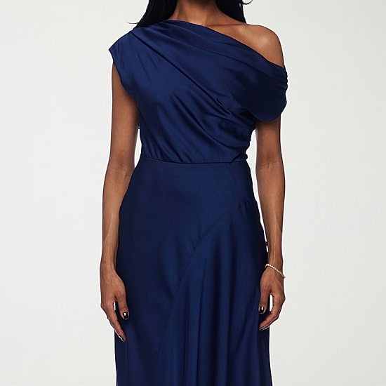 Premier Amour Womens Midi Straight Neck Sleeveless Off the Shoulder Fit + Flare Dress
