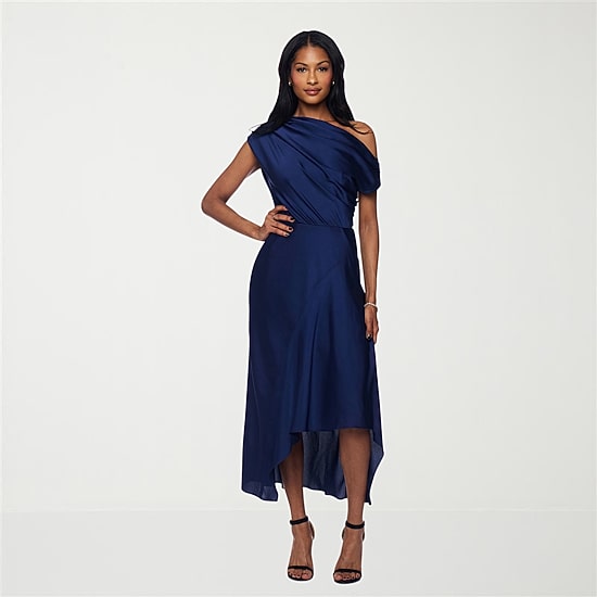 Premier Amour Womens Midi Straight Neck Sleeveless Off the Shoulder Fit + Flare Dress