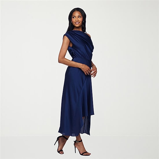 Premier Amour Womens Midi Straight Neck Sleeveless Off the Shoulder Fit + Flare Dress