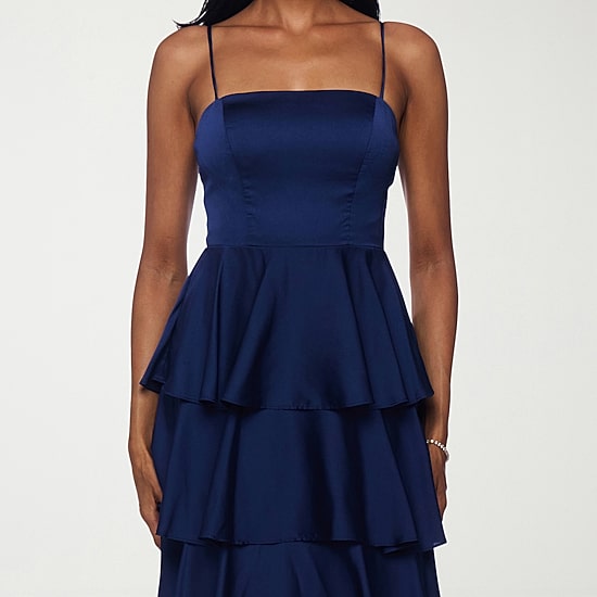 B. Smart Womens Juniors Square Neck Sleeveless Satin A-Line Dress
