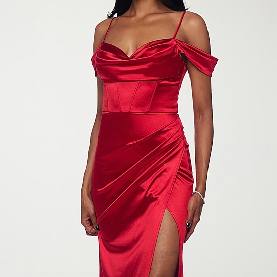 B. Smart Womens Juniors Sweetheart Neck Sleeveless Off the Shoulder Satin Bodycon Dress