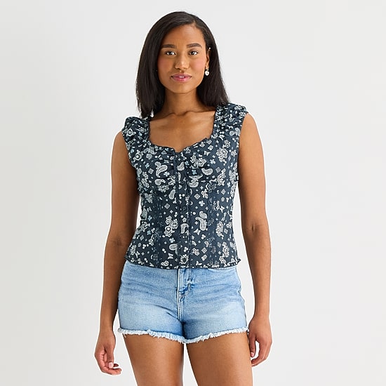 Arizona Womens Juniors Sweetheart Neck Sleeveless Blouse