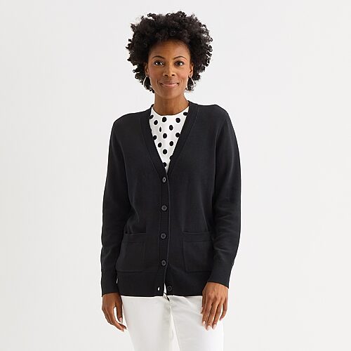 Liz Claiborne Womens V Neck Long Sleeve Button Cardigan In Black