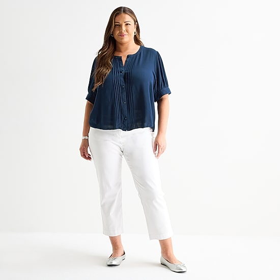 Liz Claiborne Womens Plus Split Crew Neck Short Sleeve Blouse