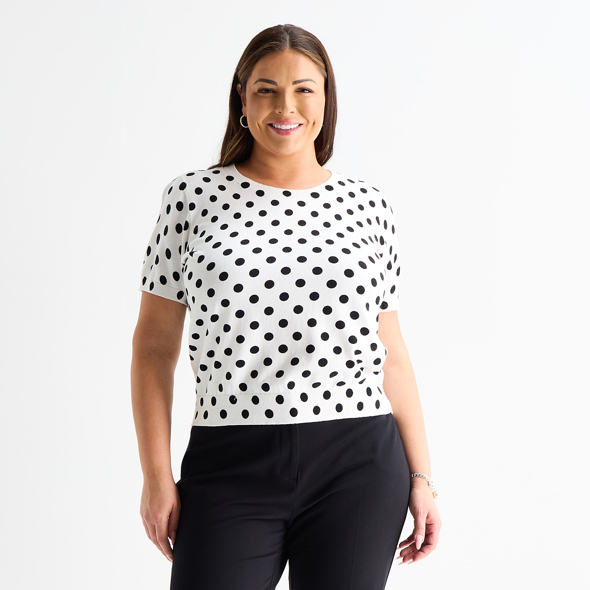 Liz Claiborne Plus Womens Crew Neck Short Sleeve Dots Pullover Sweater