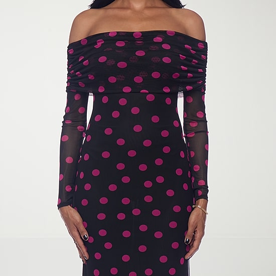 pink polka dot off the shoulder dress Women's Baby Pink Polka Dot Textured Bardot Shift Dress