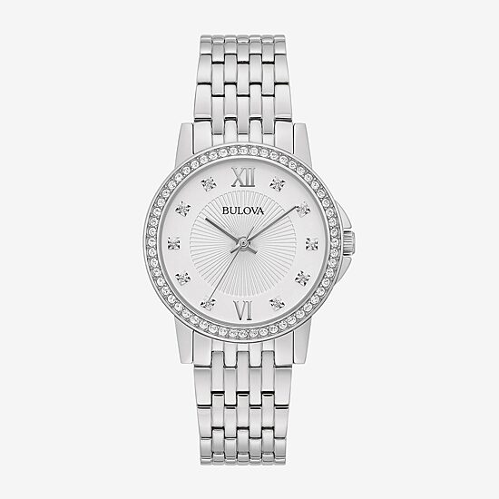 Bulova Crystal Womens Crystal Accent Silver Tone Stainless Steel Bracelet Watch 96l297