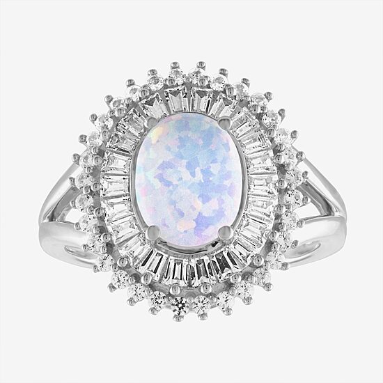 Womens Lab Created White Opal Sterling Silver Cocktail Ring