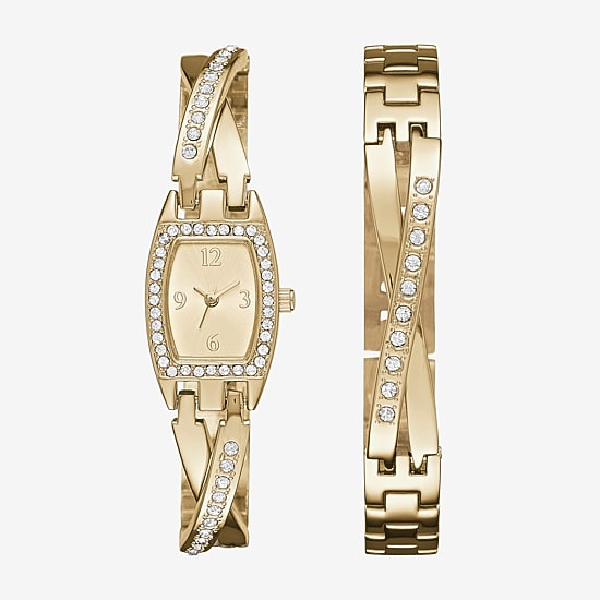 Geneva Womens Gold-Tone Bangle Watch Boxed Set