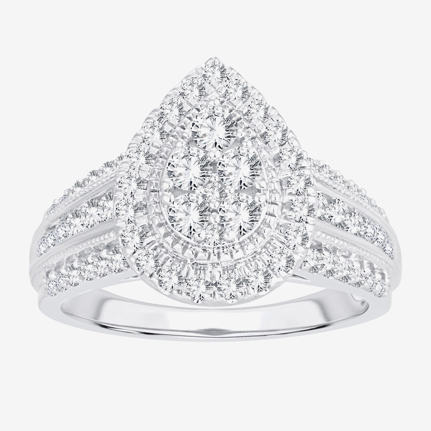 Womens 1 CT.T.W. Natural Diamond 10K or 14K White Gold Pear Side Stone Halo Engagement Ring