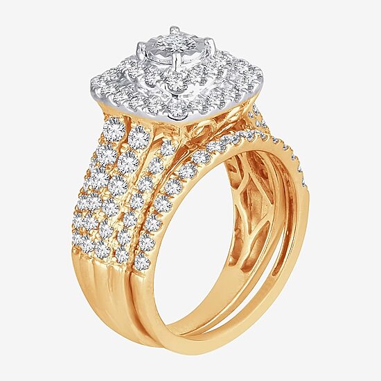 Womens 2 CT. T.W. Natural White Diamond 10K Gold Cushion Halo Bridal Set