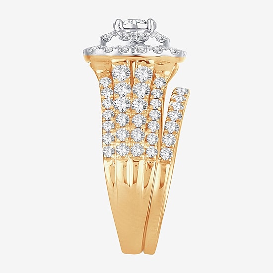 Womens 2 CT. T.W. Natural White Diamond 10K Gold Cushion Halo Bridal Set