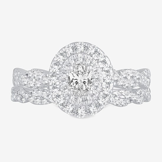 Signature By Modern Bride Womens 1 CT.T.W. Natural Diamond 10K or 14K Gold Oval Side Stone Halo Bridal Set