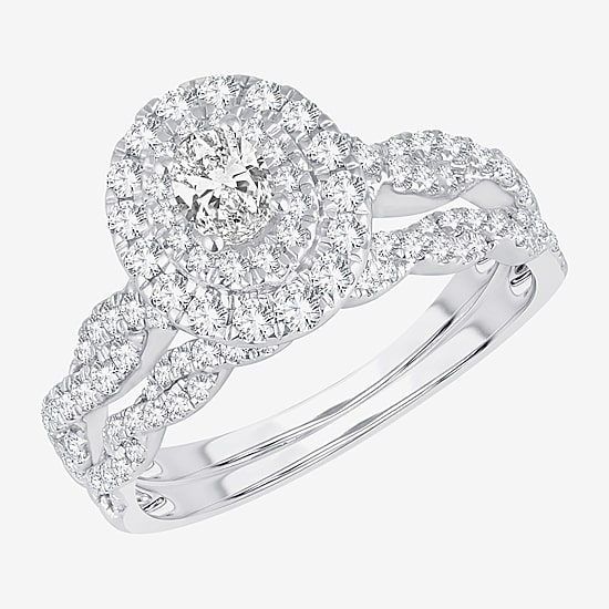 Signature By Modern Bride Womens 1 CT.T.W. Natural Diamond 10K or 14K Gold Oval Side Stone Halo Bridal Set