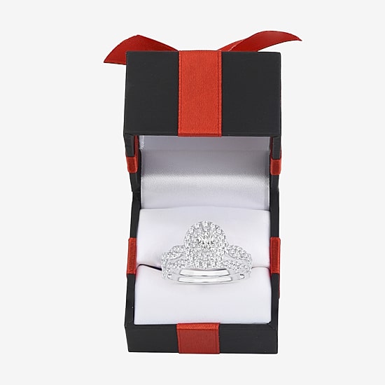Signature By Modern Bride Womens 1 CT.T.W. Natural Diamond 10K or 14K Gold Oval Side Stone Halo Bridal Set