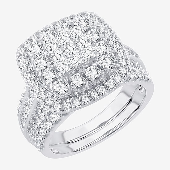 Womens 2 CT.T.W. Natural Diamond 10K or 14K White Gold Cushion Halo Bridal Set
