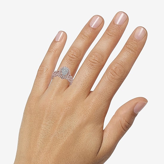 Signature By Modern Bride 1 CT.T.W. Natural Diamond Pear Shape Side Stone Halo Bridal Set in 10K or 14K Gold