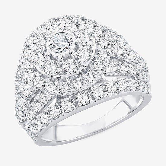 (H-I / Si1) Womens 4 CT. T.W. Lab Grown White Diamond 10K Gold Round Side Stone Halo Engagement Ring