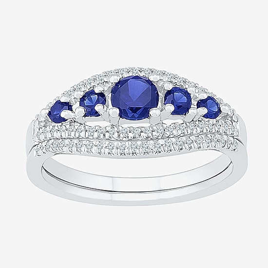 Modern Bride Gemstone Lab Created Sapphire & 1/4 CT. T.W. Diamond Sterling Silver Bridal Set