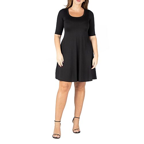 24seven Comfort Apparel Womens Plus Scoop Neck Short Sleeve A-Line Dress, 3x, Black