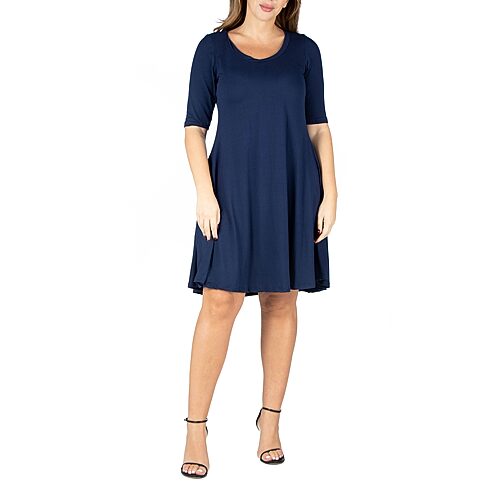 24seven Comfort Apparel Womens Plus Scoop Neck Short Sleeve A-Line Dress, 2x, Blue
