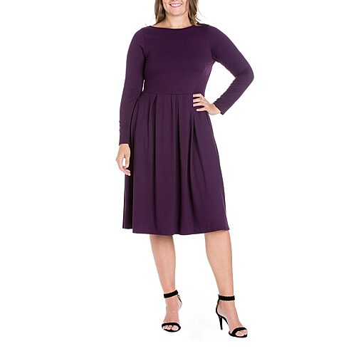 24seven Comfort Apparel Womens Plus Midi Round Neck Long Sleeve Fit + Flare Dress, 1x, Purple