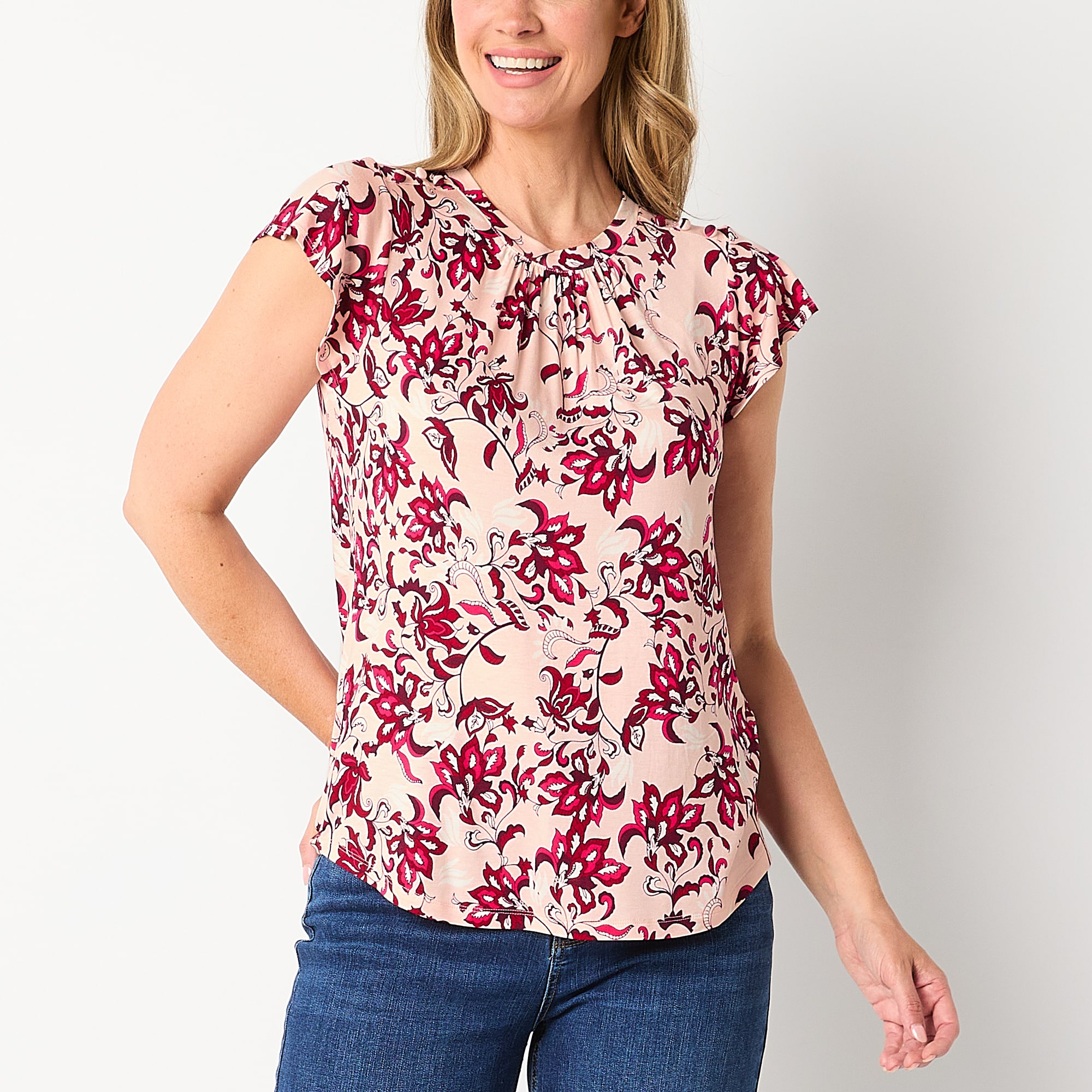 Liz Claiborne Womens Tall Crew Neck Short Sleeve Blouse